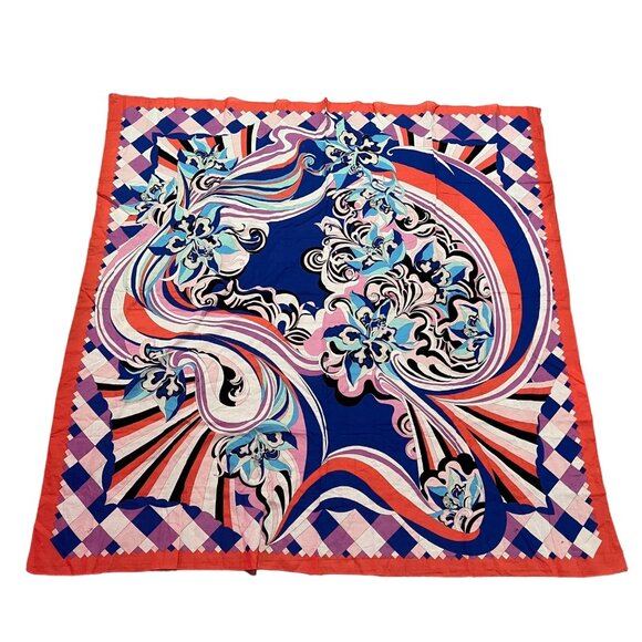 Foulard Carré Vintage Fuilio Punoni En Soie 100% - Motif Géométrique Multicolore - Italie - Occasion